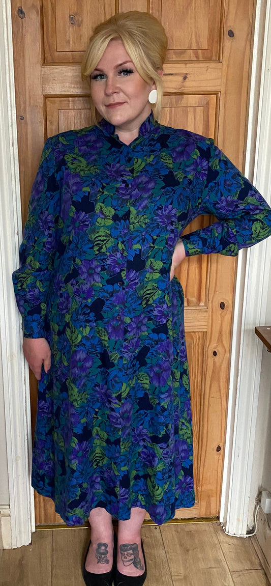 Vintage 80s floral midi dress by Joanna Frances button front blue green purple long sleeves size 18