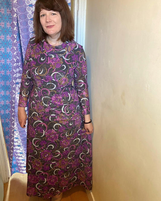 Vintage 70s Sparkly purple Ladies Pride Maxi dress long sleeve glam print size 12 14