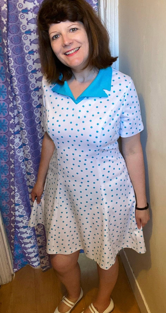 Vintage Turquoise polka dot 70s polyester mini dress size 16