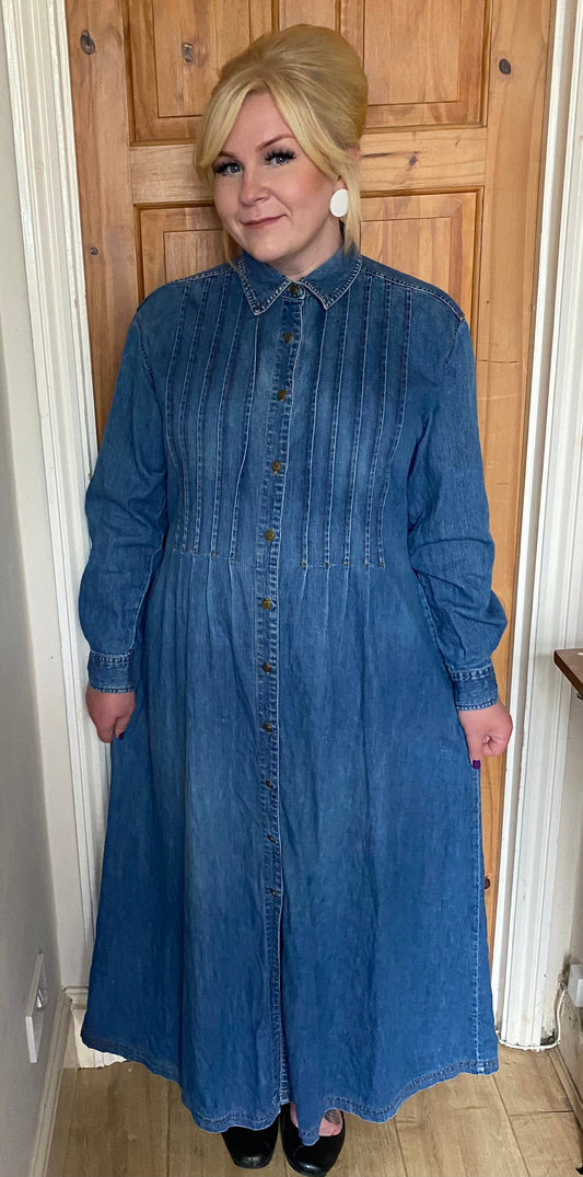 Vintage Laura Ashley late 80s early 90s blue denim maxi dress long sleeves size 22 cotton