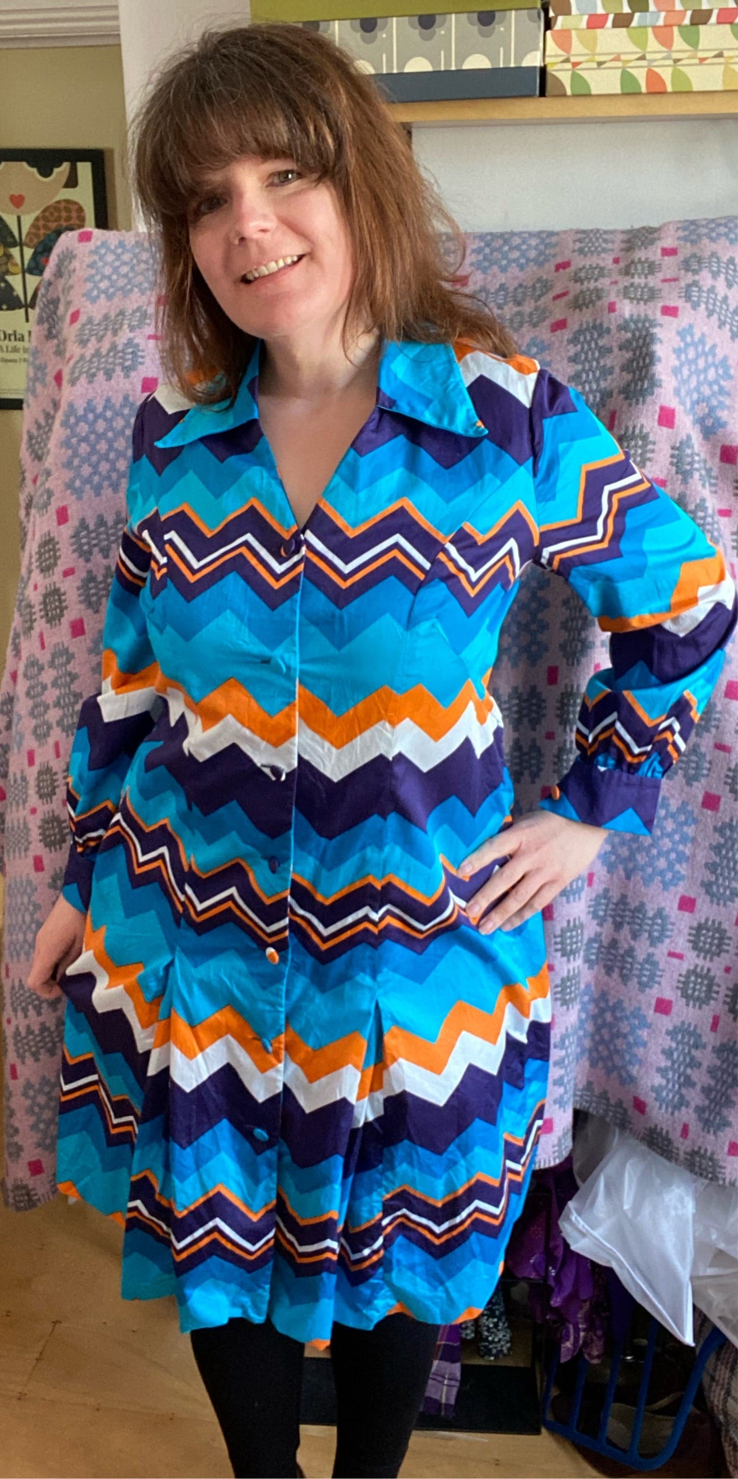 Vintage 70s Cotton hand made blue shirt dress zig zag print collar size 16 18