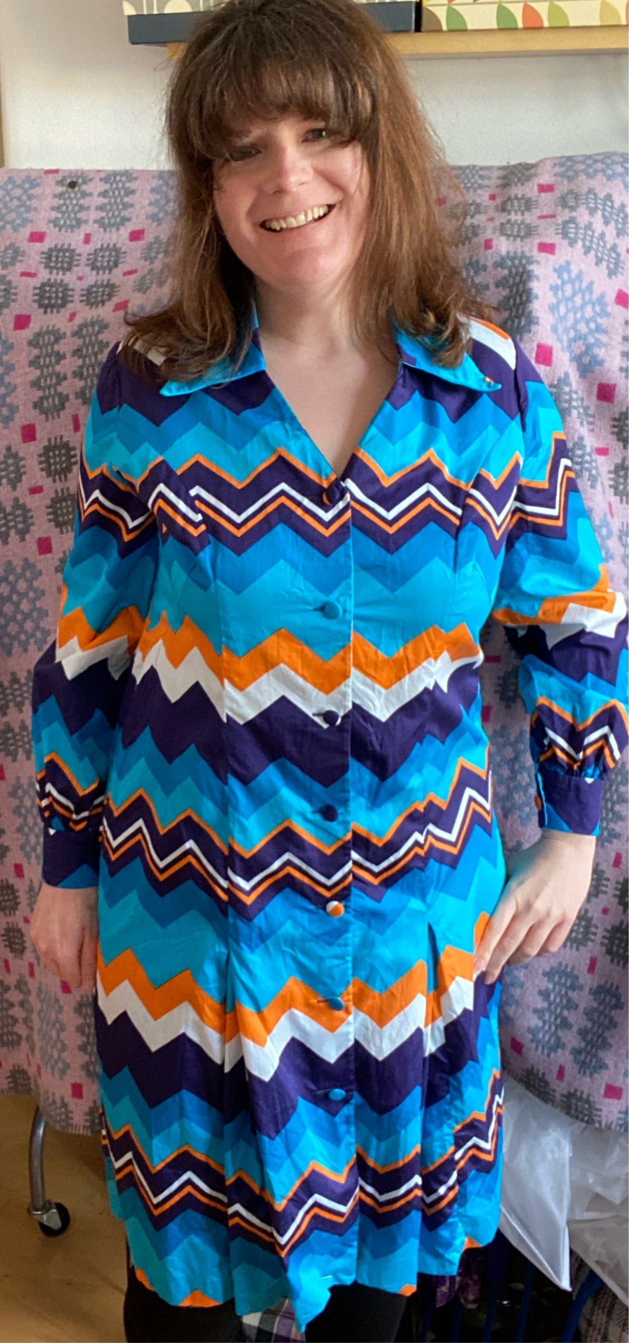 Vintage 70s Cotton hand made blue shirt dress zig zag print collar size 16 18