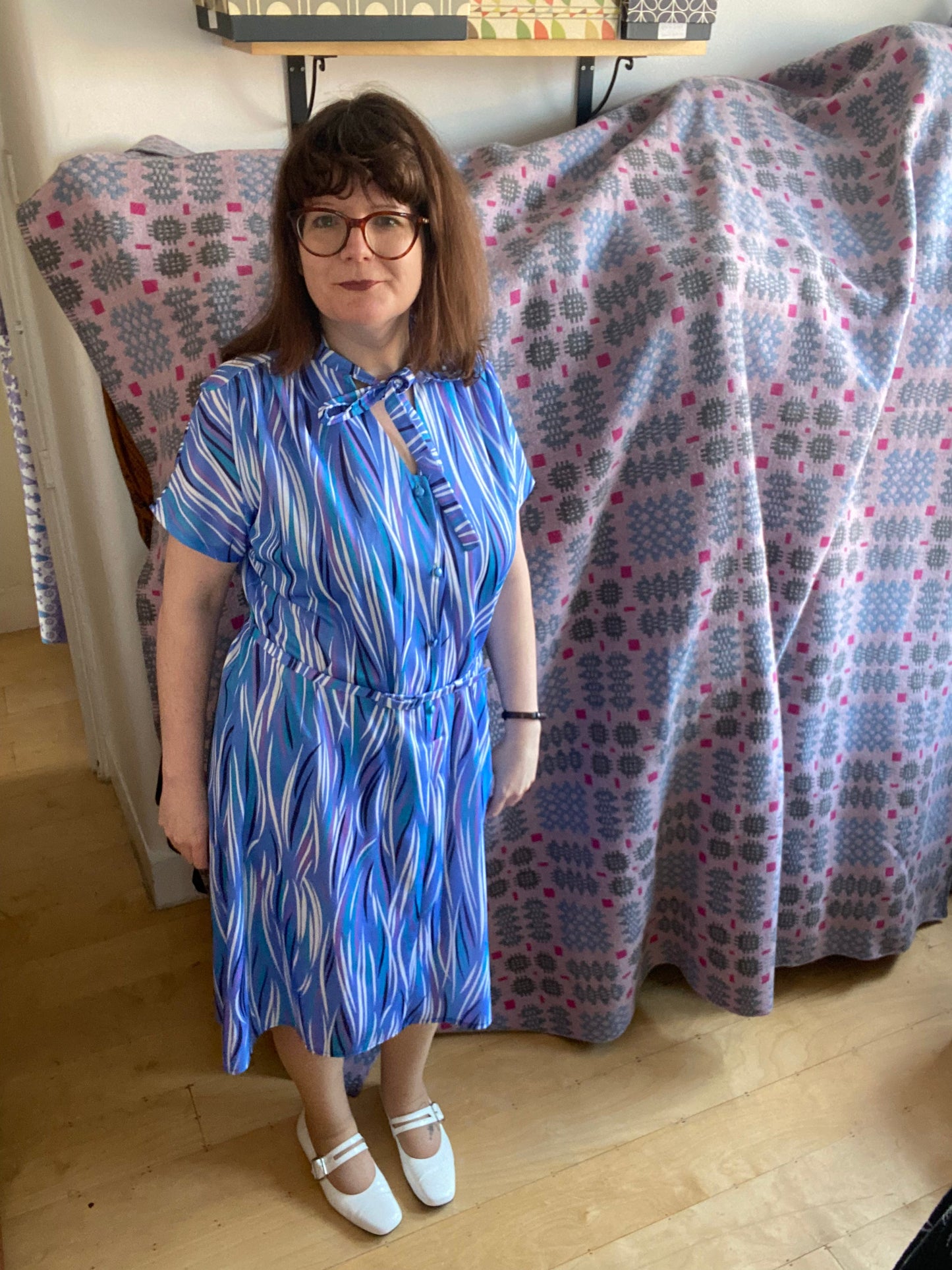 Vintage Richard stump blue stripe print pussy bow 80s dress size 18