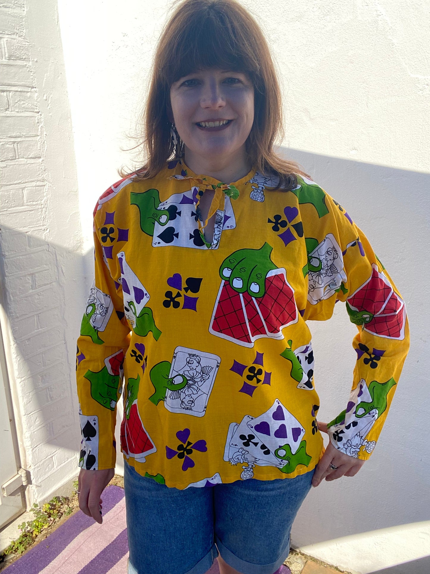 Vintage Cotton card monster print batwing cotton blouse top 80s yellow black white green size 20 22