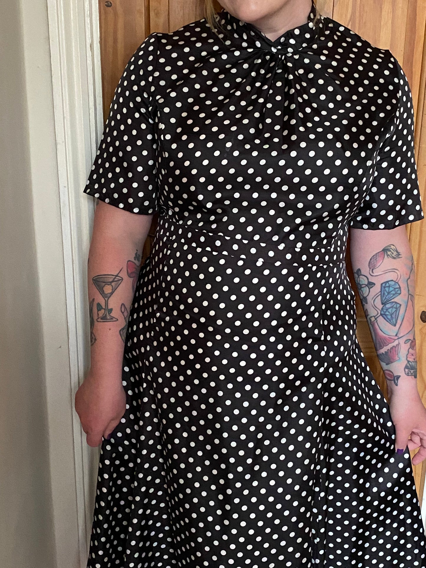 Vintage Black white 60s high neck polka dot belted midi dress size 18 20