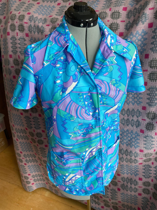 Vintage Blue purple white psychedelic print polyester shirt blouse collar short sleeves beach size 10 12